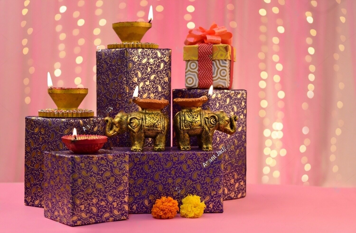 stock photo beautiful diwali diyas with gift and flowers happy diwali 2063021489 transformed e1728895872272
